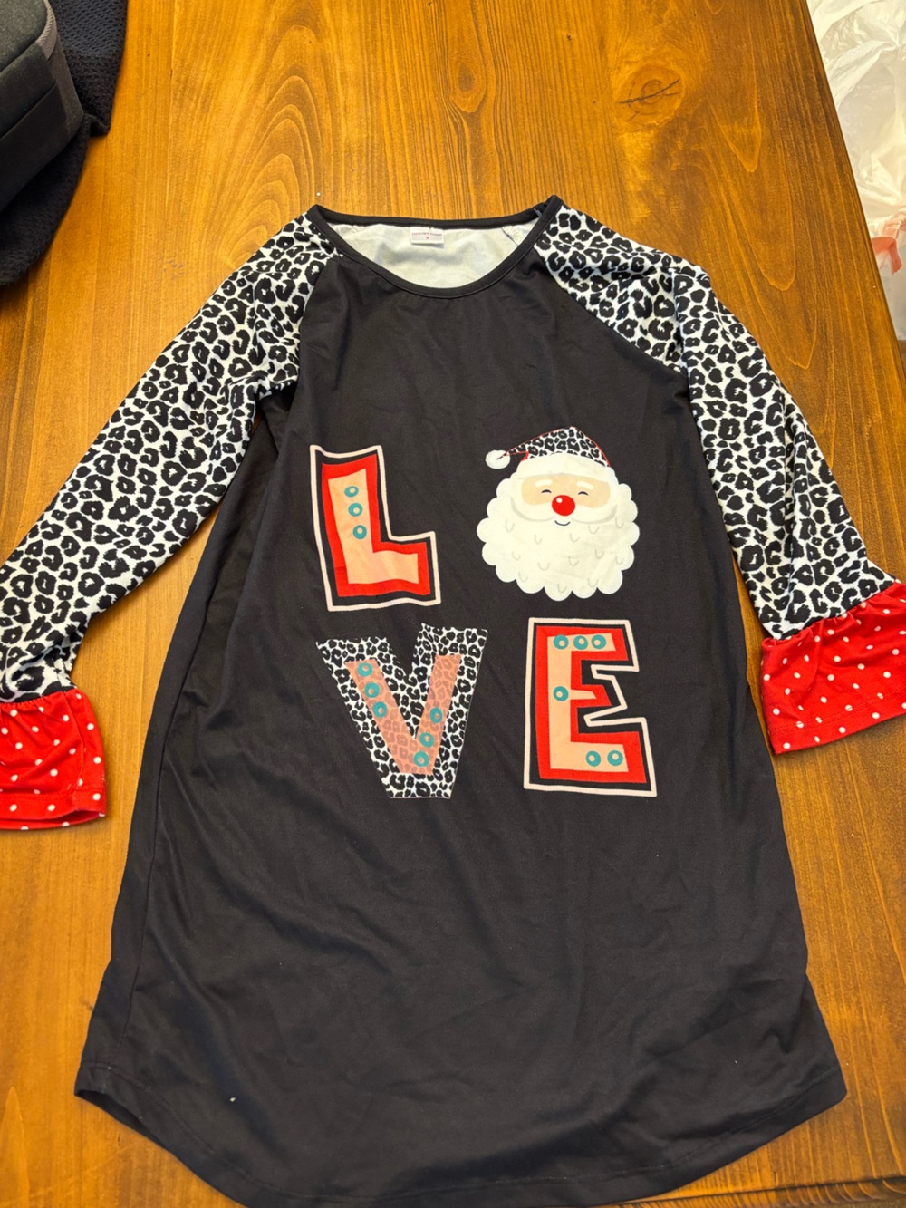 Kids Black 'LOVE' Santa Dress with Leopard Sleeves
